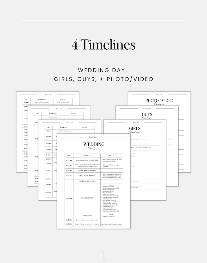 Wedding day of binder including timelines for the day, a timeline for the bridal party, timelines for bridesmaids and groomsmen, and a photography timeline