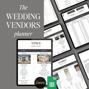 Könnte beinhalten: Ein digitaler Hochzeitsplaner für Anbieter, der auf mehreren Tablets angezeigt wird. Der Planer enthält Abschnitte für den Vergleich von Veranstaltungsorten, Fotografendetails und Floristeninformationen. Der Text "The Wedding Vendors planner" ist deutlich sichtbar.