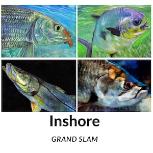 Four Art Prints, Inshore Grand Slam - Fisherman Wall Décor Hand Signed - Choice of Sizes Florida Nature Artwork  Snook Bonefish Permit