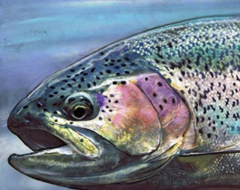 Lámina artística de trucha arcoíris: decoración de pared de pesca con mosca en tonos pastel firmada a mano
