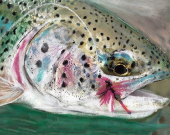 Rainbow Trout Art Print – Watercolour Pastel Fishing Wall Art, Expressive Fish Painting
