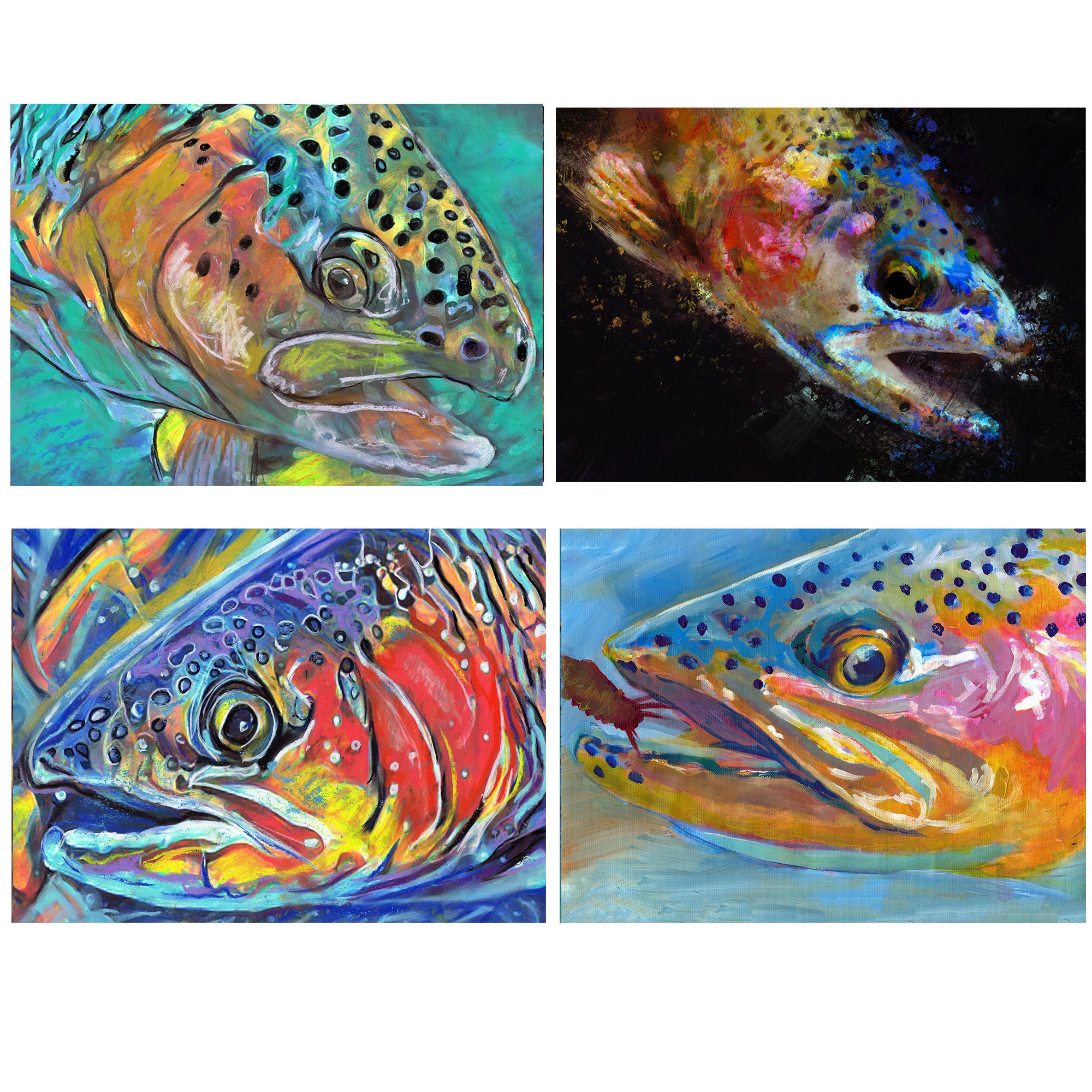 Four Rainbow Trout Abstract Art Prints Fly Fishing Gift fly Etsy UK