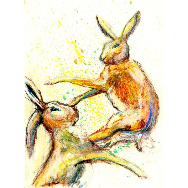 Boxing Hares Painting Print Colourful Expressive Nature Wildlife Living Room Dining Woodland Hand Signed by Artist Oscar Jetson 8x10 A4 A3