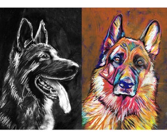 Set of TWO  German Shepherd Pastel Painting Prints Colourful GSD Dog Wall Art, Dog Memorial, Dog Mum Picture Gift Choice of Size Signed