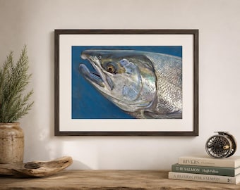 Lámina artística de salmón del Atlántico – Arte mural de pesca con mosca firmado a mano, pintura expresiva de peces de río.