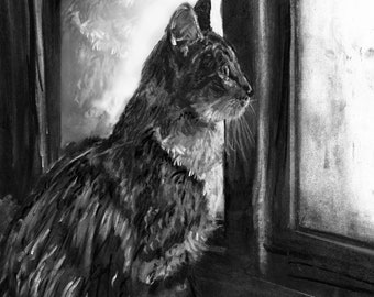 Tabby Cat Charcoal Art Print – Expressive Feline Wall Art, Pet Decor