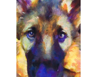 German Shepherd Dog Puppy  Painting Print Colourful GSD Dog Wall Art, Dog Memorial, Dog Mum Picture Gift Choice of Size Signed