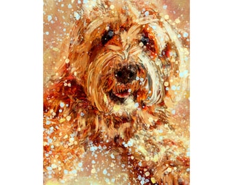 May include: A painting of a brown and white dog with a happy expression. The dog is surrounded by a colorful background of orange, yellow, and blue paint splatters.