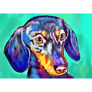 Dachshund Painting Print Colourful Sausage Dog Wall Art, Dog Memorial, Doxie Mum Picture Gift Choice of Size Signed