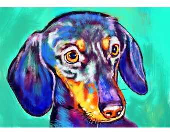 Dachshund Painting Print Colourful Sausage Dog Wall Art, Dog Memorial, Doxie Mum Picture Gift Choice of Size Signed