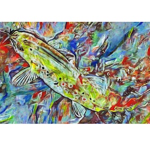 以下が含まれることがあります： 青、緑、黄、赤、白の色合いで、渦巻くカラフルな模様が描かれた、ニジマスの抽象画です。