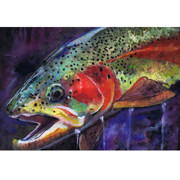 Regenboogforel Art Print Steelhead aquarel abstracte kunst Poster - vliegvissen cadeau voor hem, Hand ondertekend vis aquatische natuur 8 x 10 a4 a3