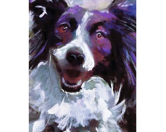 May include: A painting of a black and white border collie dog with purple and white accents. The dog is looking directly at the viewer with its mouth open and tongue slightly visible. The painting is done in a loose, expressive style.