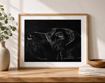 Houtskooltekening van een zwarte Labrador, handgesigneerd hondenportret, aandenken aan uw huisdier.