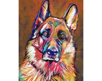 Handsome German Shepherd Painting Print Colourful GSD Dog Wall Art, Dog Memorial, Dog Mum Picture Gift Choice of Size Signed