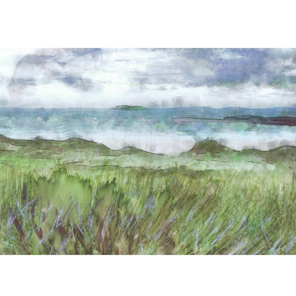 View over the field, Harlyn Bay, Cornwall - Modern Landscape Wall Art - Cornish Seascape painting Watercolour print. Signed by Jack Tarpon