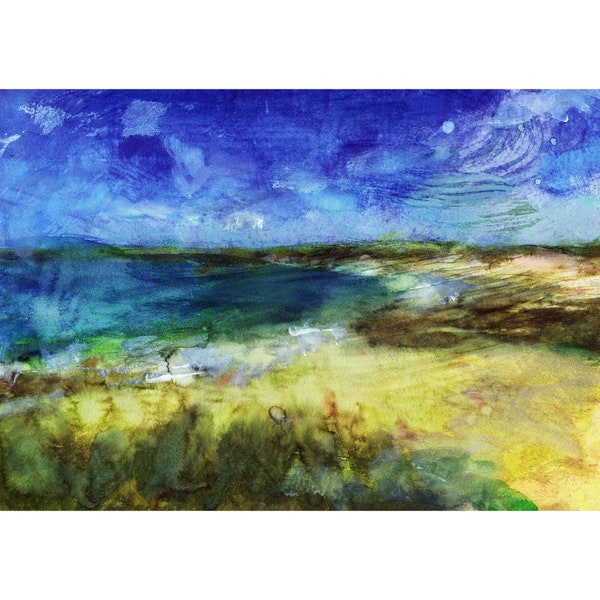 Cornish Beach Ausdrucksstarker Aquarell Kunstdruck - Bunte Landschaftskunst - Cornish Sea Malerei Druck. Badezimmer Kunst signiert von Jack Tarpon