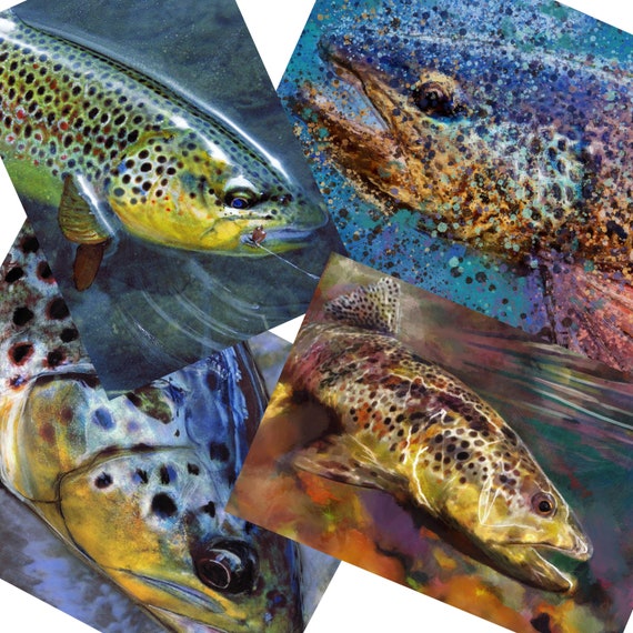 Brown Trout Collection FOUR Trout Abstract Wall Art Prints, Fly