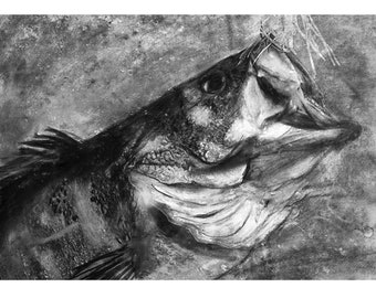 Gravura em carvão de um achigã, assinada à mão – Arte expressiva para parede dedicada à pesca
