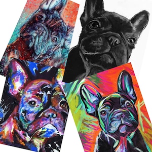 French Bulldog Art Print Collection, FOUR Blue Black Frenchie Dog Wall Art Prints, Dog Memorial, Abstract Frenchie Pictures Choice of Sizes