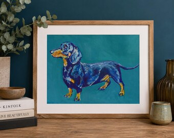Teckelkunstdruk – kleurrijk schilderij worsthond, handgesigneerd door Oscar Jetson