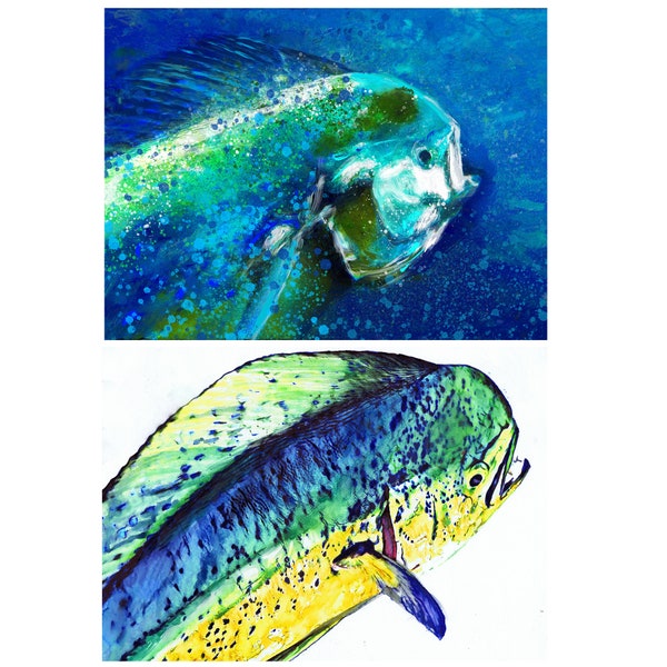 Juego de dos delfines Mahi-Mahi, dorado pintura impresa por Jack Tarpon, arte, animal, ilustración, arte marino, arte de pared, arte de pesca