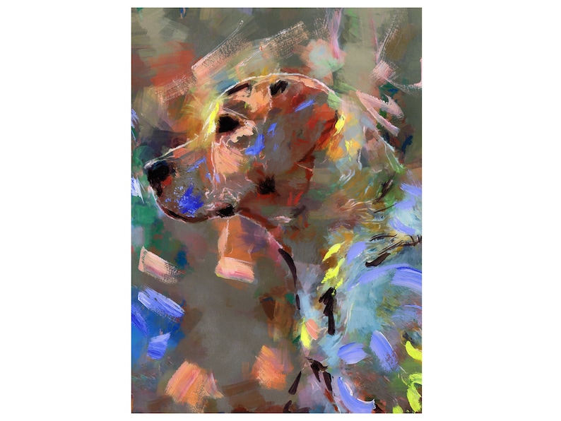 May include: Abstract painting of a dog's head in shades of brown, yellow, blue, and green. The dog's head is turned to the side, and the background is a blur of colors.