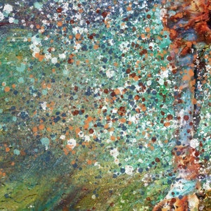 May include: Abstract painting with a textured background of green, blue, and brown. The painting features a large, abstract flower with a brown center and white, blue, and orange splatters of paint.