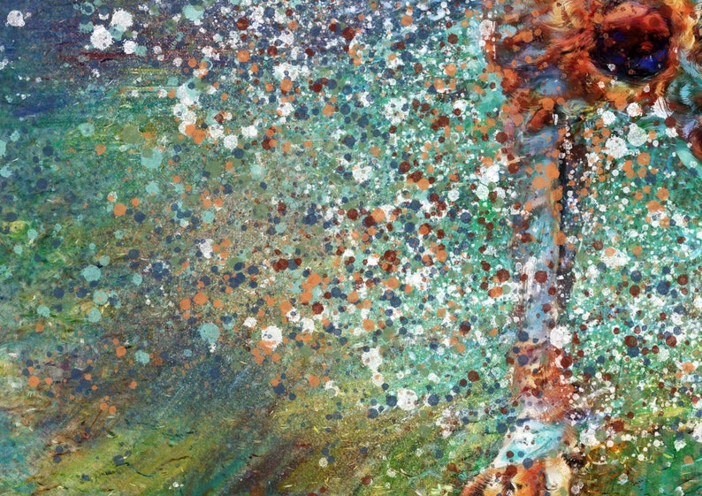 May include: Abstract painting with a textured background of green, blue, and brown. The painting features a large, abstract flower with a brown center and white, blue, and orange splatters of paint.
