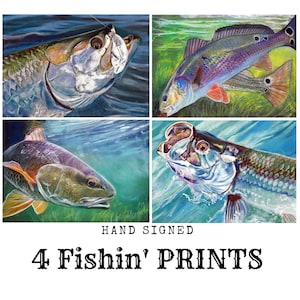 Four Tarpon And Redfish Wall Art Prints - Fishing Wall Art Florida Décor Hand Signed - Choice of Sizes Sealife Tarpon Red Drum Fishing