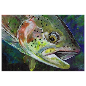 Trout Fishing Art Print: Watercolor Mixed Media Painting, Hand Signed