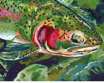 Trout Fishing  Colourful Abstract Art Print, Fishing lover gift. Angler Gift Idea - River Fly Fishing Retirement Gift A4 A3 12x16