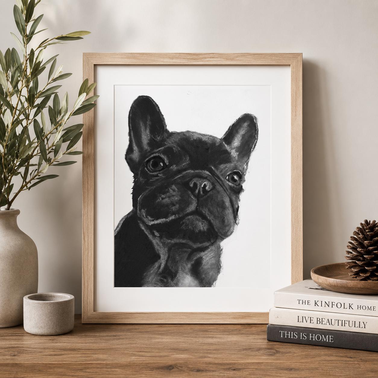 黒いフレンチブルドッグのアートプリント：木炭で描かれた犬の絵