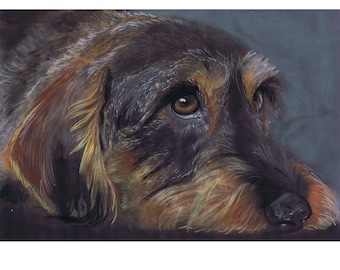 Wirehaired Dachshund Art Print – Expressive Pastel Dog Painting, Rustic Pet Decor