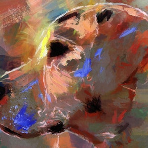 May include: Abstract painting of a dog's head in shades of brown, red, yellow, and blue. The painting is done in a loose, expressive style with visible brushstrokes.