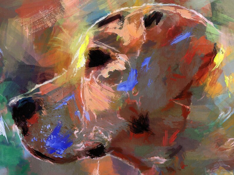 May include: Abstract painting of a dog's head in shades of brown, red, yellow, and blue. The painting is done in a loose, expressive style with visible brushstrokes.