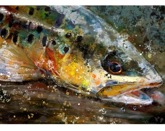 Lámina artística abstracta de trucha marrón: decoración de pesca con mosca firmada