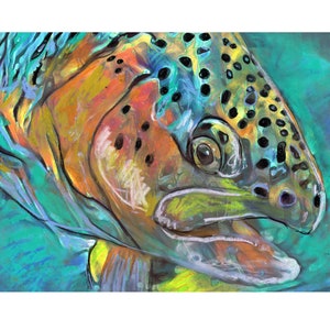 Trout Fishing Art Print: Aquamarine Pastel Fish Painting, Signed