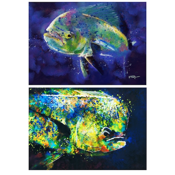 Conjunto de dos delfines Mahi-Mahi, impresión de pintura dorada por Jack Tarpon Art, Sealife, Ilustración, Arte marino, Arte de pared, Arte de pesca firmado