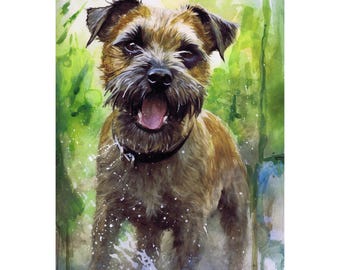Border Terrier Art Print: Splashing Dog Watercolor Giclée, Signed