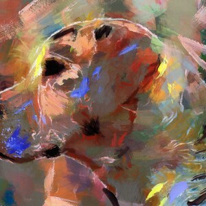 May include: Abstract painting of a dog's head in shades of brown, yellow, blue, and green. The painting has a textured, brushstroke effect.