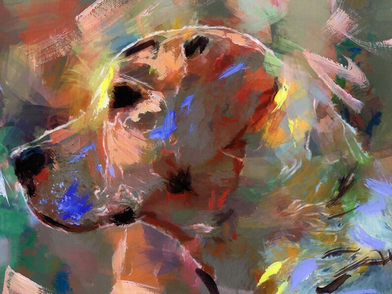May include: Abstract painting of a dog's head in shades of brown, yellow, blue, and green. The painting has a textured, brushstroke effect.