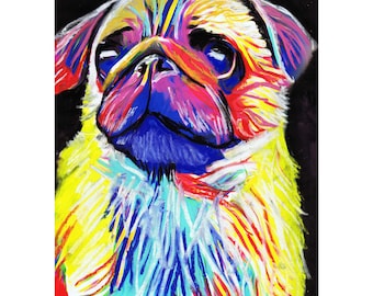 Rainbow Pug Art Print – Hand-Signed Mixed Media Dog Wall Art (A4, A3, 13x19)