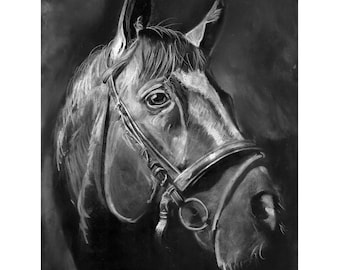 Stampa a carboncino di cavallo firmata a mano – Opera d'arte equina espressiva da parete, disegno rustico
