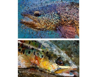 Láminas de trucha (juego de 2): Arte mural moderno de pesca con mosca