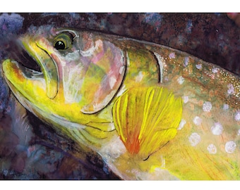 Lámina artística de pesca de trucha: regalo de pescador firmado a mano