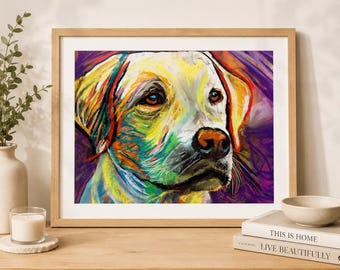 Żółty labrador retriever – kolorowy abstrakcyjny portret psa, ręcznie podpisany obraz ścienny