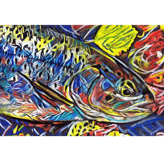 Multi-coloured Modern Trout Fishing , Pastel & Watercolour