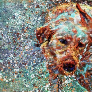 May include: Abstract painting of a golden retriever dog's head with a blue, green, and orange background. The dog's fur is painted with a variety of colors and textures, creating a unique and expressive portrait.