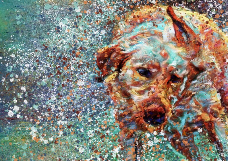 May include: Abstract painting of a golden retriever dog's head with a blue, green, and orange background. The dog's fur is painted with a variety of colors and textures, creating a unique and expressive portrait.